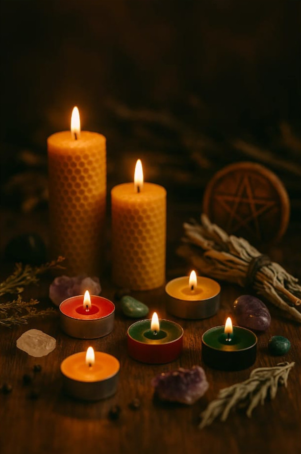 Rituel ancestral africain en action avec bougies colorées et pierres sacrées par Professeur Adama marabout voyant médium